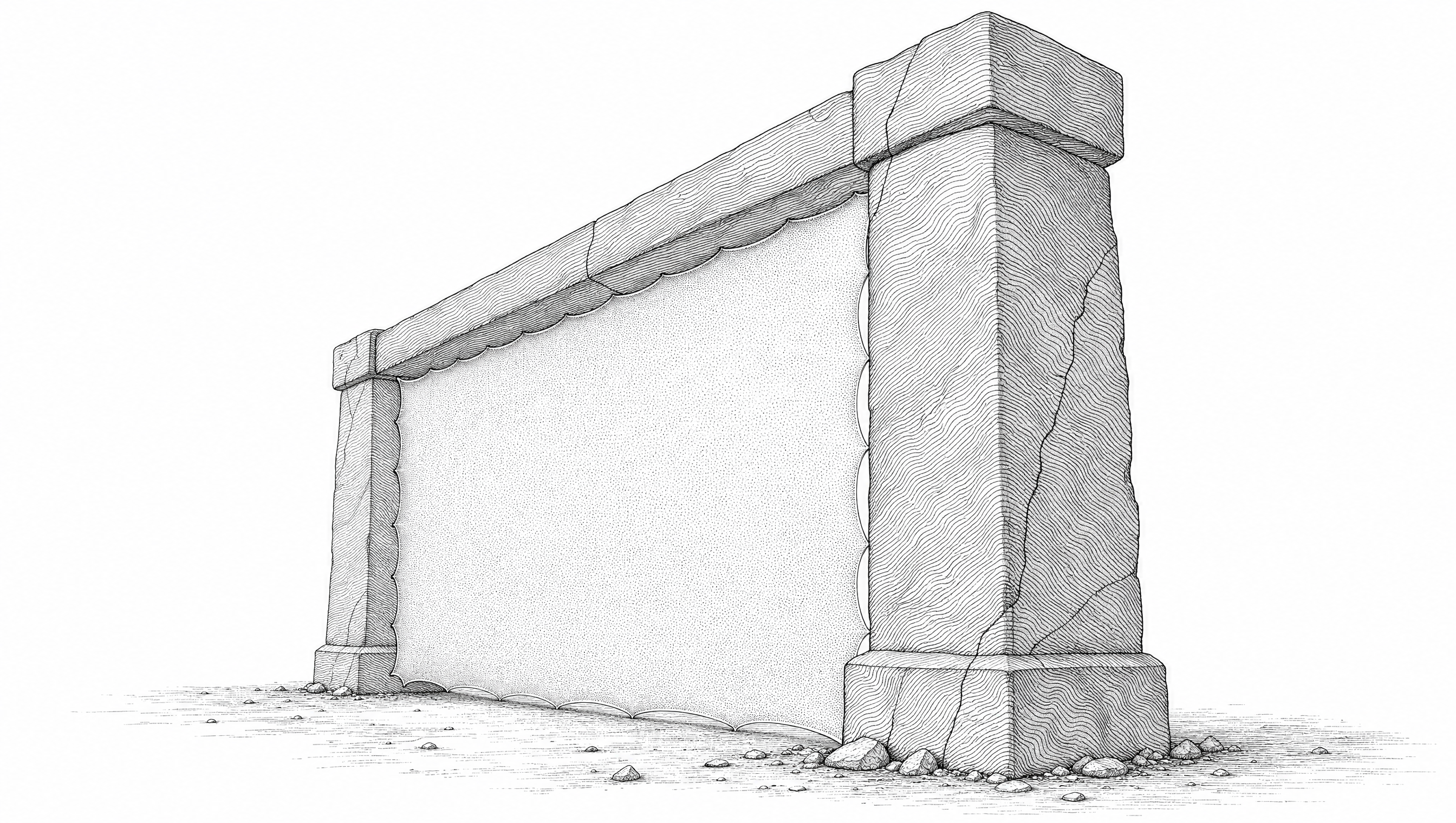 A stone gate sealed by a taut membrane. A heavy stream of requests dies against the film and a single approved line continues through.